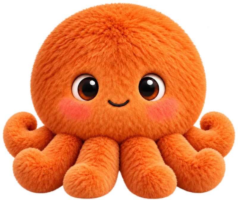 Meet Octo, a fluffy orange octopus with a kind smile and rosy cheeks